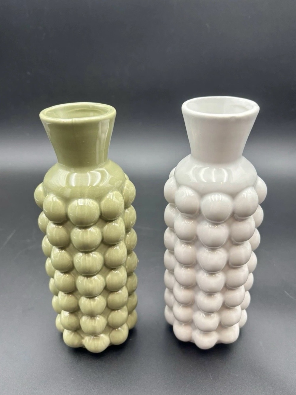 Vintage Hobnail Milk Glass Vases Set Green White 8” Retro Mid Century Decor